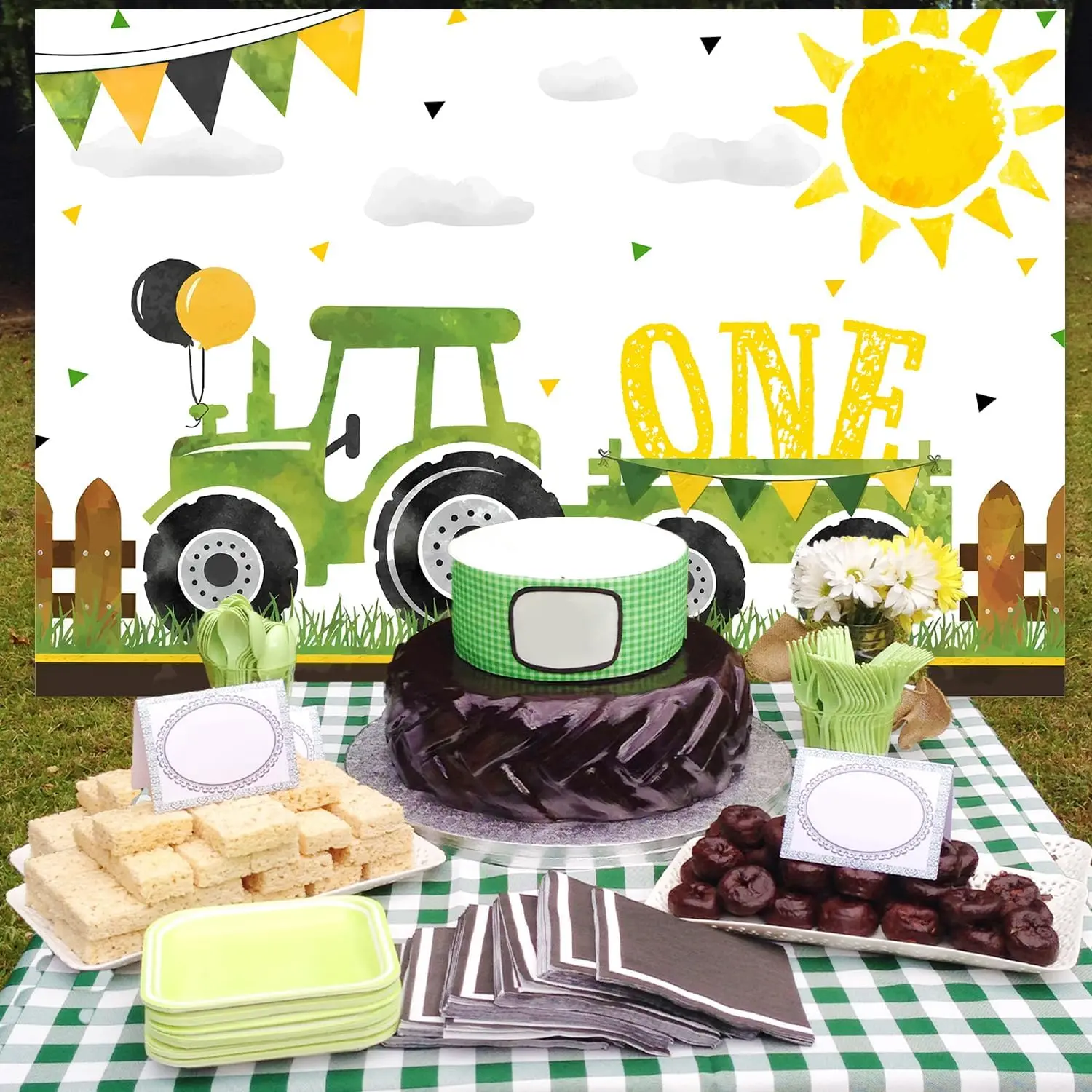 Фунмемуары ферма Зеленый Трактор 1-й День рождения баннер фотография Фон Ткань