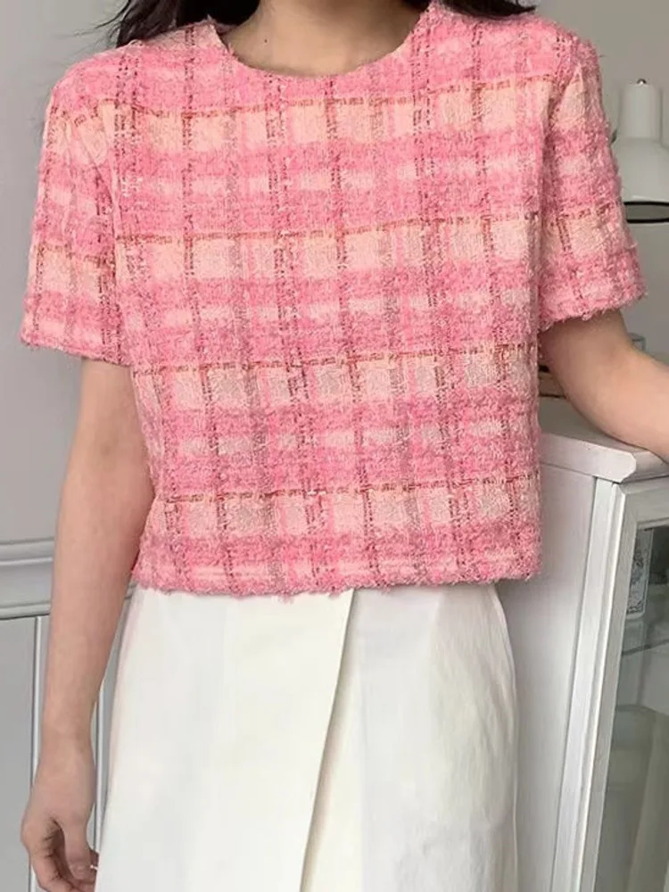 

French Vintage Tweed Short blouse 2022 Summer New Fashion Casual Slim Ladies Oversized shirt Woolen Crop Top Elegant Outwear