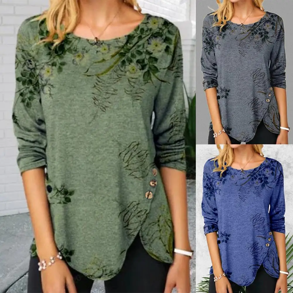 

Женский весенне-осенний Топ с длинным рукавом, зеленый топ с цветочным принтом и асимметричным подолом, Новая модная женская футболка 2022