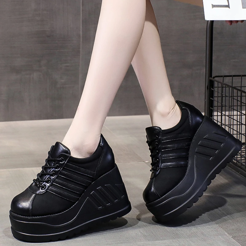 

Brand New Punk Street Fashion Black Gothic Style Girls Cosplay Platform High Heels Sneakers Wedges Shoes Woman Pumps Big Size 43