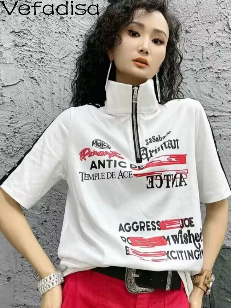 

Vefadisa 2023 Summer Women Letter Printing Standing Neck Zipper Pullover Short Sleeve Fashion Girl Personalized T-shirt ZY1884