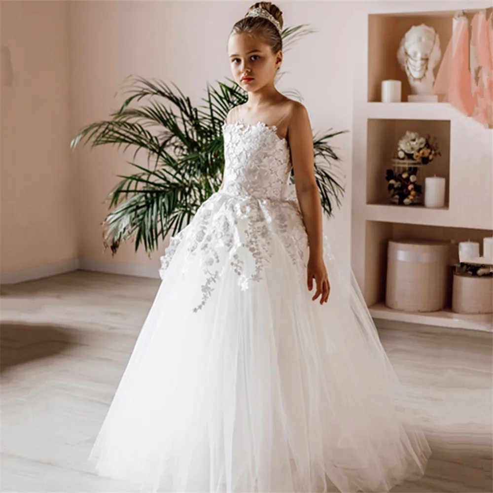 

Flower Girl Dress For Wedding Girls 2023 Tulle Ivory White Lace Sleeveless First Communion Girl Dress Robe Princesse Fille