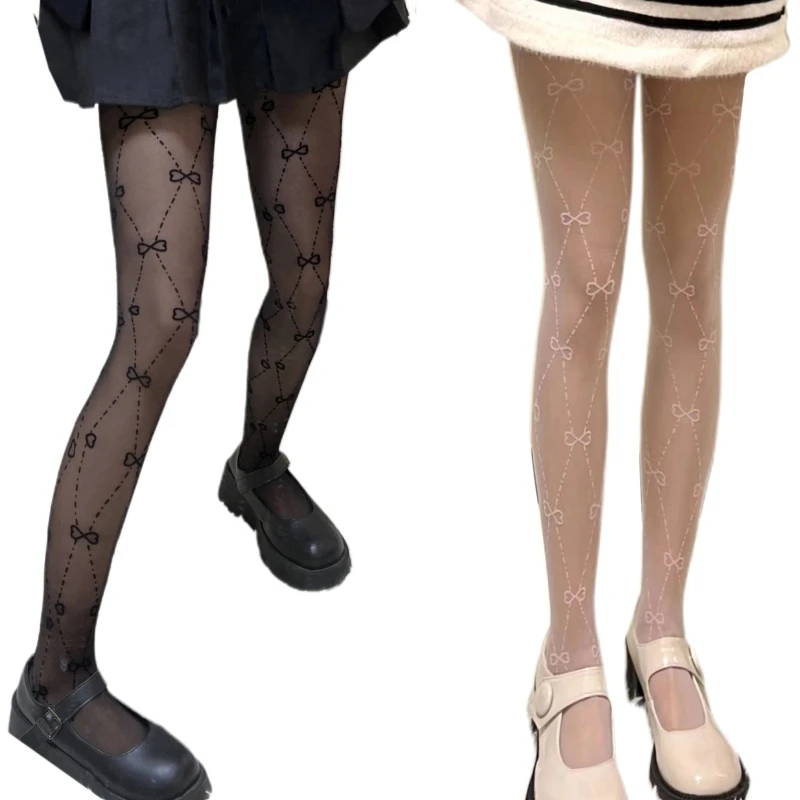 

Women Lolita Thin Sheer Pantyhose Preppy Style Sweet Flocking Heart Bowknot Diamond Plaid Patterned Tights Stockings