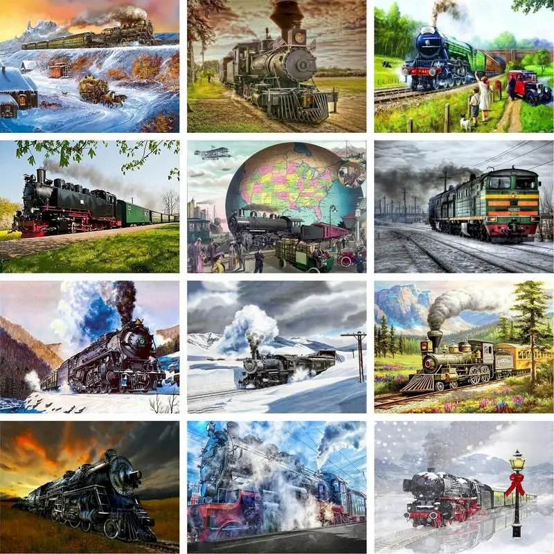

cross language Painting By Numbers Train Landscape Kits Drawing Canvas HandPainted DIY Oil Pictures Unique Gift