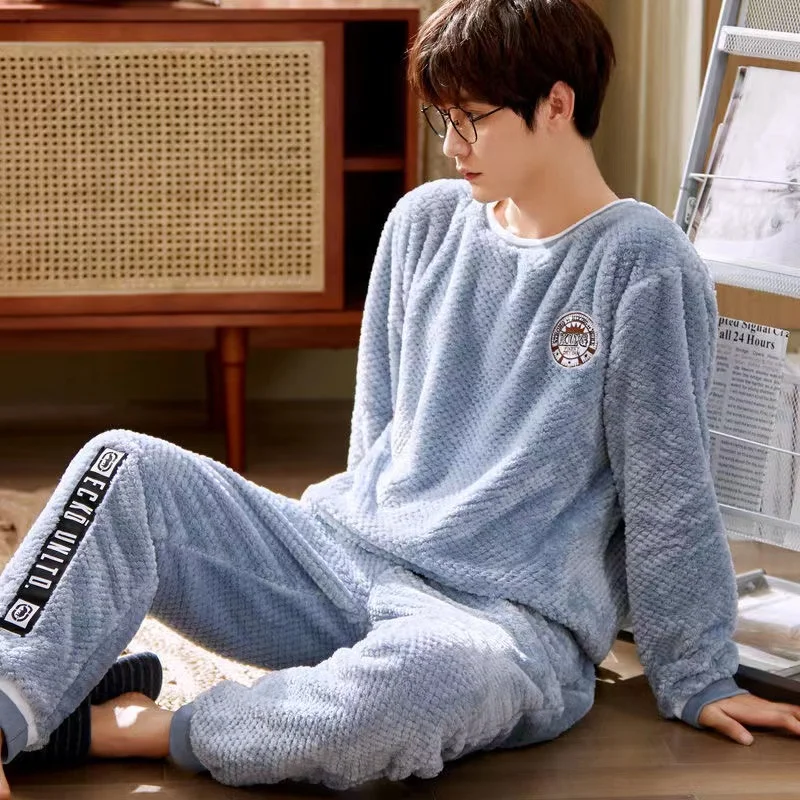 Men's Pajama Sets Winter Thicken Warm Flannel Sleepwear Long Sleeve Trousers 2Pcs/Set Lounge Homewear Pyjamas Suit