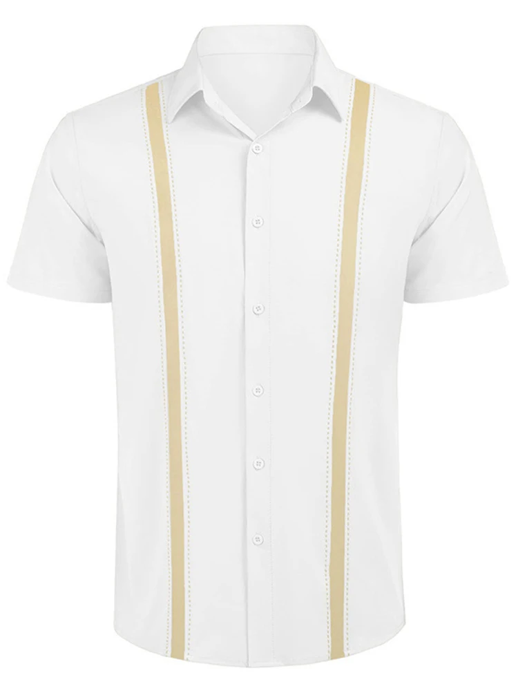 

Summer Casual Short Sleeve T-Shirts For Mens Retro Striped Printing Tops Cardigan Men's Turn-down Collar ButtonTee Streetwear