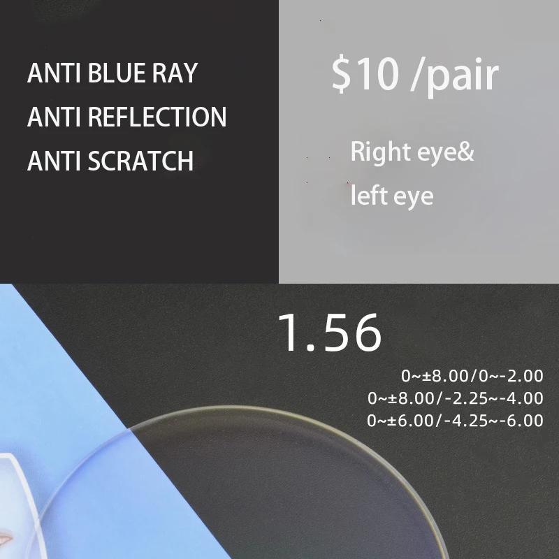 

Zerosun 1.56 Index Resin Lens Anti Blue Light Anti Reflection Scratch Clear Lenses 0 to -600/ +50 to +400 Reading/myopia Grade