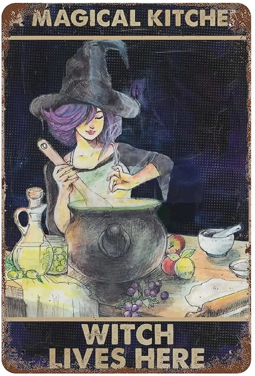 Металлическая жестяная вывеска в стиле ретро, волшебная кухонная ведьма, живет здесь, настенное художественное украшение, постер для дома, бара, кафе, клуба, сада, фермы, украшение для гаража