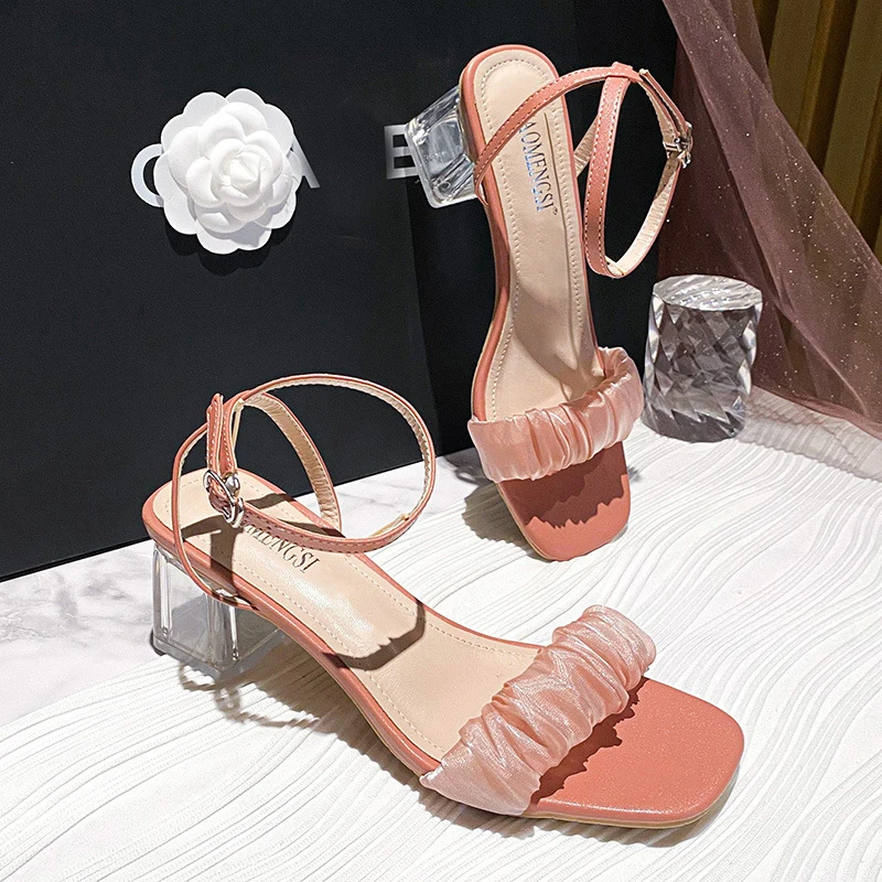 

Pink Lace Band Gladiator Sandals Women Crystal High Heels Summer Ladies Dress Shoes Beauty Chiffon Sandalias Mujer Plus Size 42
