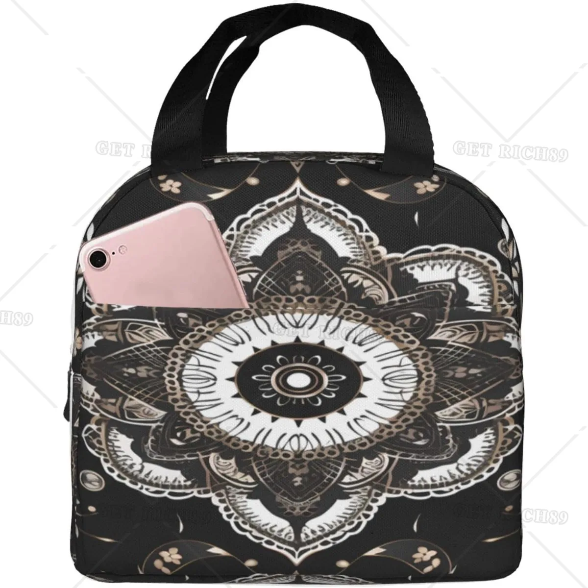 

Изолированная черная винтажная сумка для ланча с цветами-шикарный и практичный, многоразовый Портативный Ланч-бокс для офиса, пикников, приключений на открытом воздухе