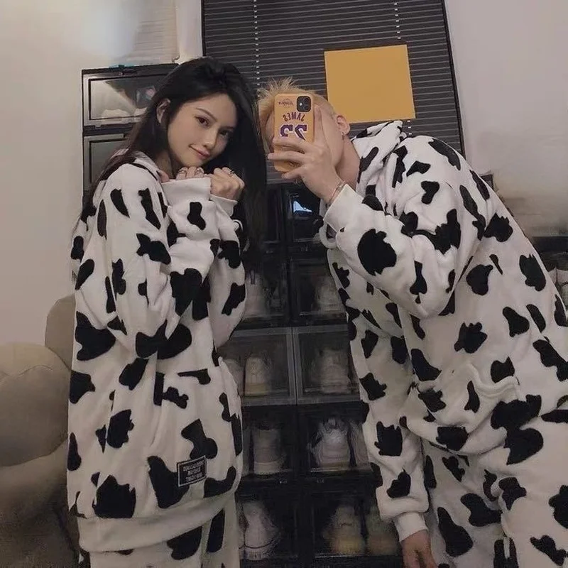 QWEEK Cow Print Coral Fleece Hooded Pajama Set Women Couple Pijama Winter Kawaii Sleepwear Female Negligee Pyjama Loungewear Pjs