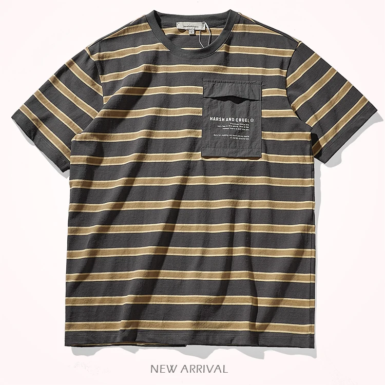

Summer American Retro Heavyweight Short-sleeved O-neck Sea-striped Pocket T-shirt Men's 100% Cotton Loose Oversize Casual Tops