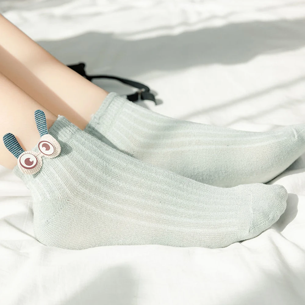 4Pairs White Socks Women Cute Socks Polyester Fashion Pink Woman Kawaii Eye Solid Color Relaxed Soft Breathable Crew Socks Gift