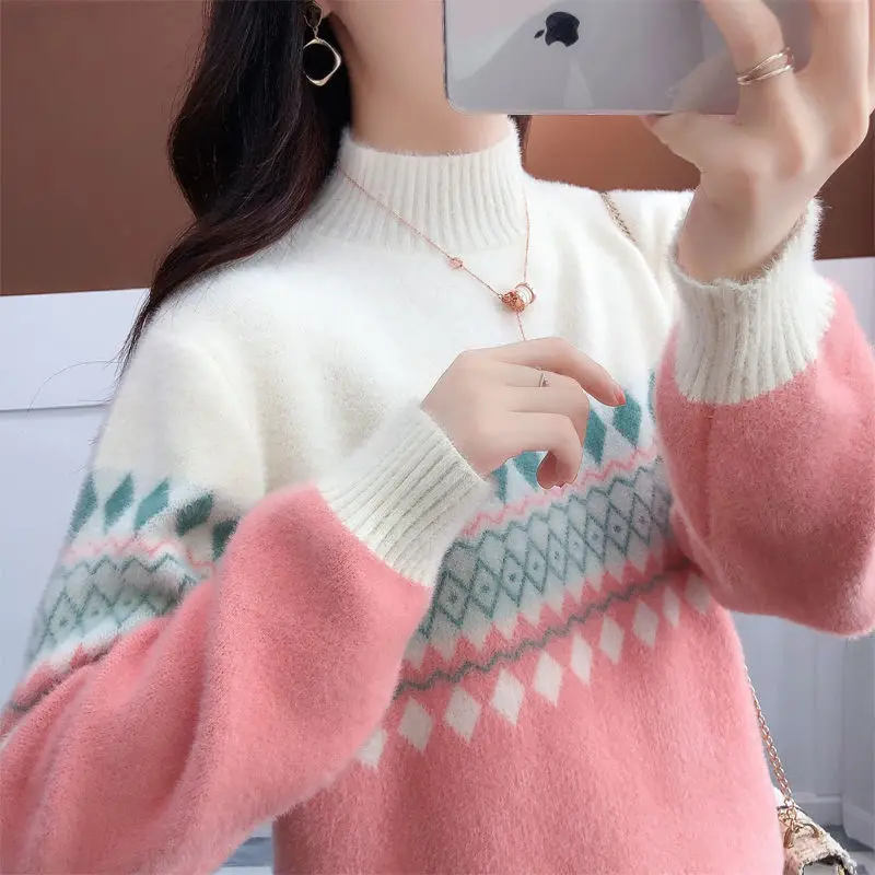 

Half High Mink Cashmere Sweater for Women Loose Pullover 2022 Autumn and Winter Fashion Commuter Basic Knitwear Top Base T103