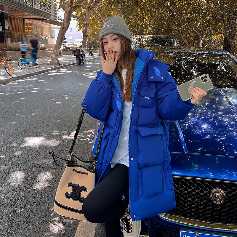 Long solid color school to  women's autumn  winter 2022 Korean fashion loose hooded padded parkas cotton-padded jacket coat