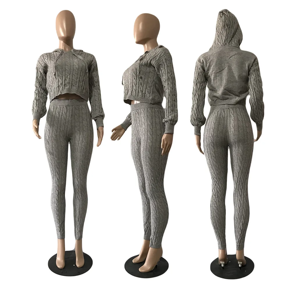 Casual Women Tracksuit Two Piece Set Knit Ribbed Solid Color Slim Bodycon Matching Set Clothes For Women Outfit