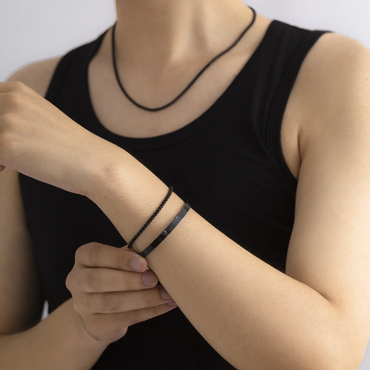 

KunJoe 3pcs Minimalism Black Box Chain Bracelet Necklace Sets for Men Simple Punk Twist Chain Bracelet Bangle Jewelry Set