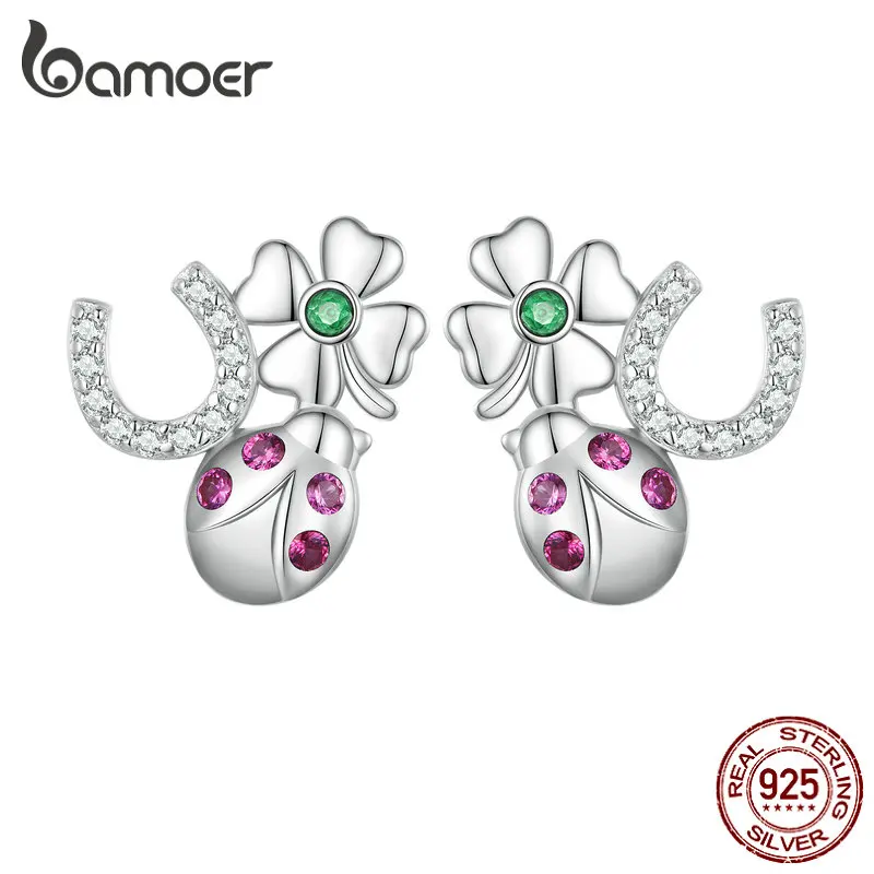 

Женские серьги-подвески Bamoer, серьги из стерлингового серебра 925 пробы с четырехлистным клевером и цветком божьей коровки, ювелирное изделие