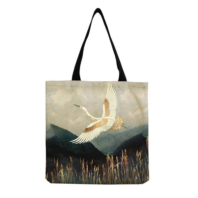 

Japanese Ukiyo Painting Style Cotton and Linen Shopping Bag Printed Wild Goose Crane One-shoulder Portable Reusable Cloth Bag