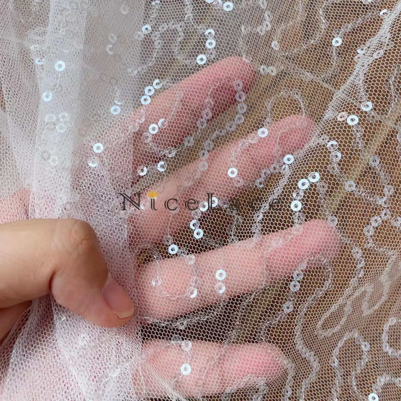 

1Yard 2022 Nicelace White Lace Fabrics Sewing Accessories With Sequins Width 130CM Nylon Material Mesh Tulle Bridal Gowns Wears