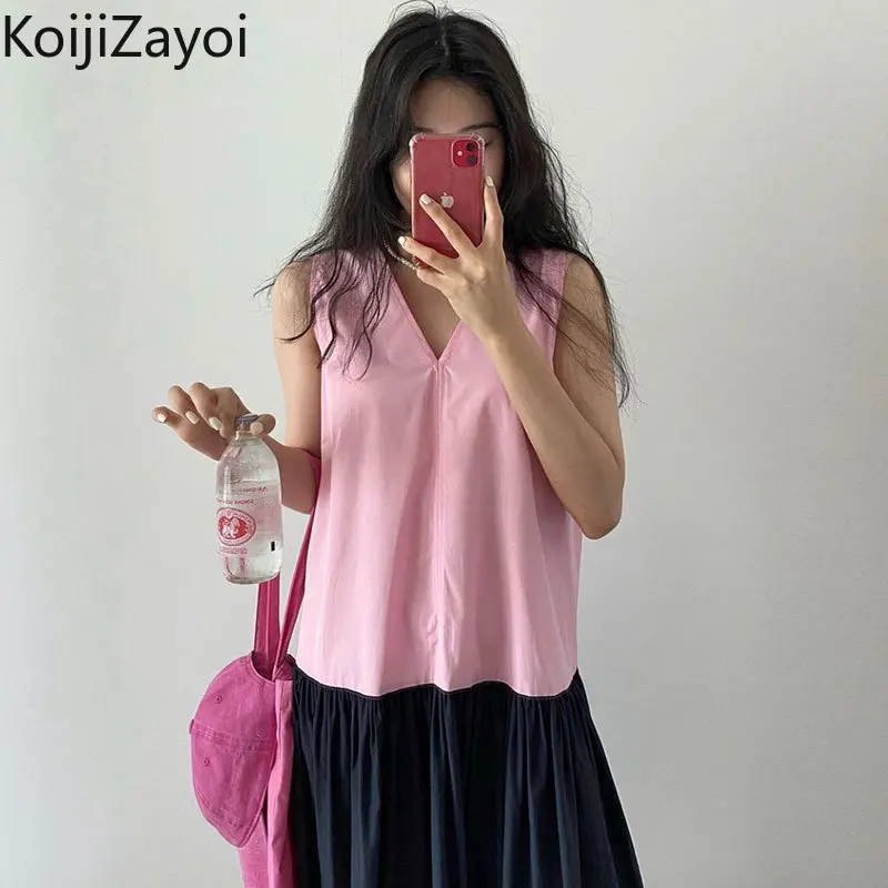 

Koijizayoi Patchwork Women Maxi Dress Sleeveless A Line Dresses Korean Chic Summer V-neck Stitching Swing Dresses Loose Vestidos