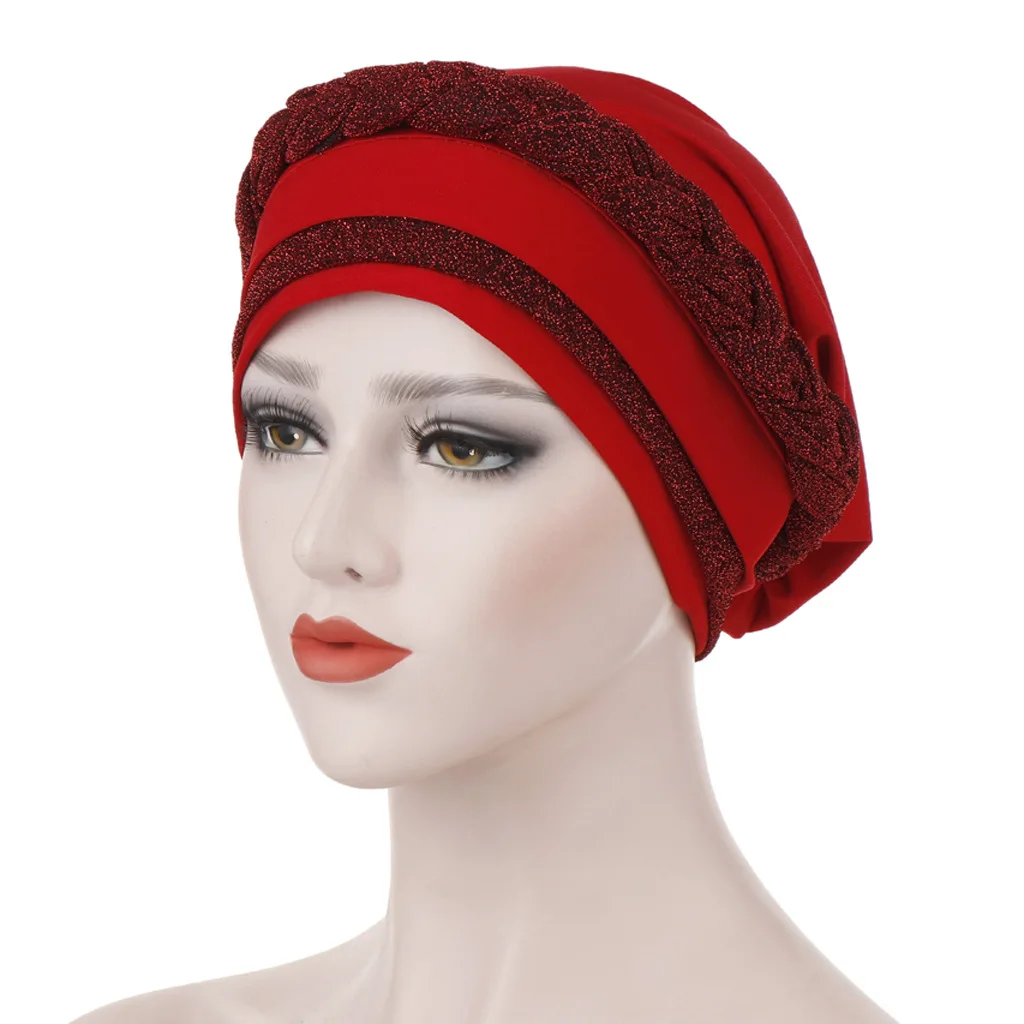 

New Women Glitter Chemo Cap Muslim Braid Hijab Turban Indian Bonnet Hat Headscarf Hair Loss Head Cover Headwear Cancer Skullies