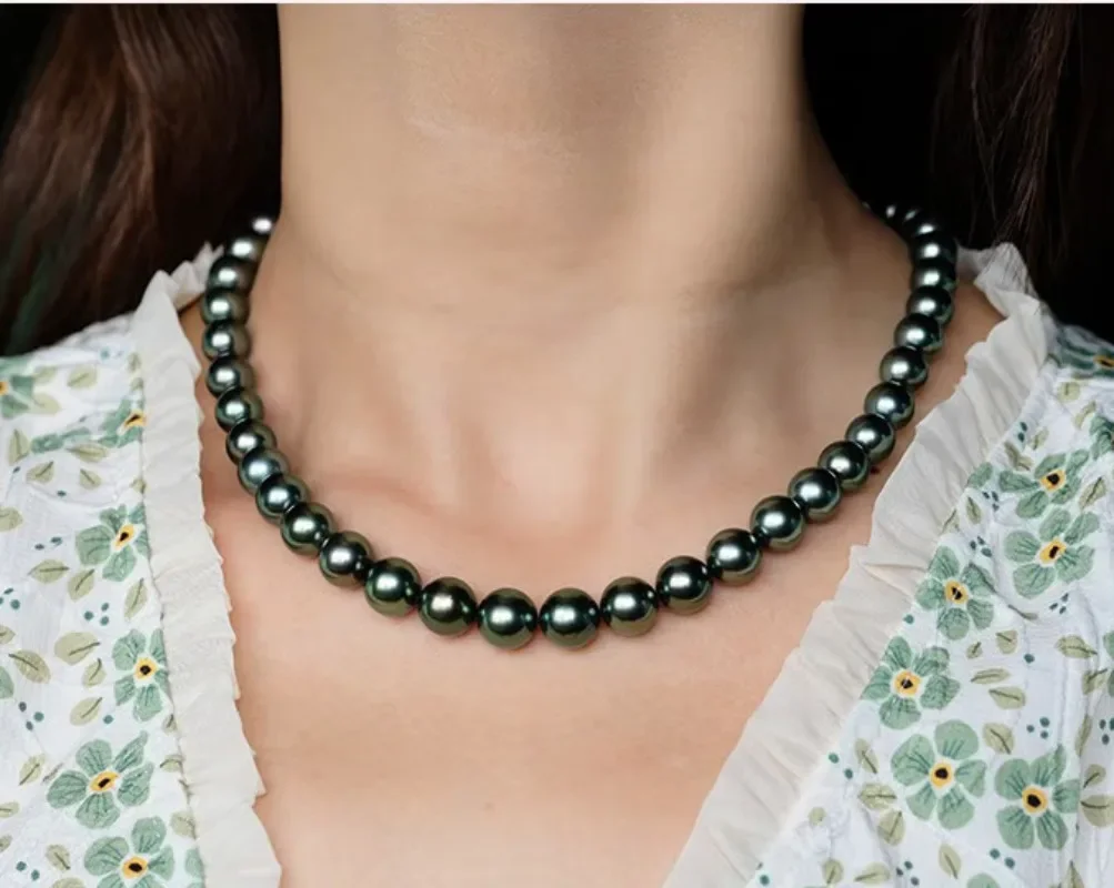 Suberb 17 &quot10-11 мм натуральное черное зеленое круглое жемчужное ожерелье для мужчин