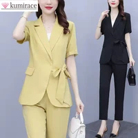 2022 summer new elegant women korean slim fit belt short sleeve small suit 9 sub library two piece suit female office blazer