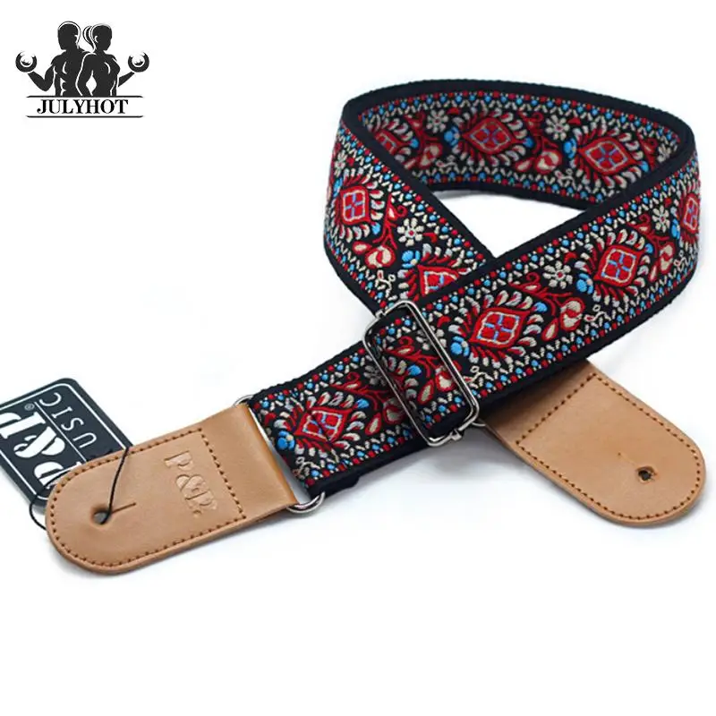 

Fashion 3 Colors Vintage Flowers Stripes Acoustic Electric Guitar Strap Woven Embroidery Fabrics Leather Ends Strap