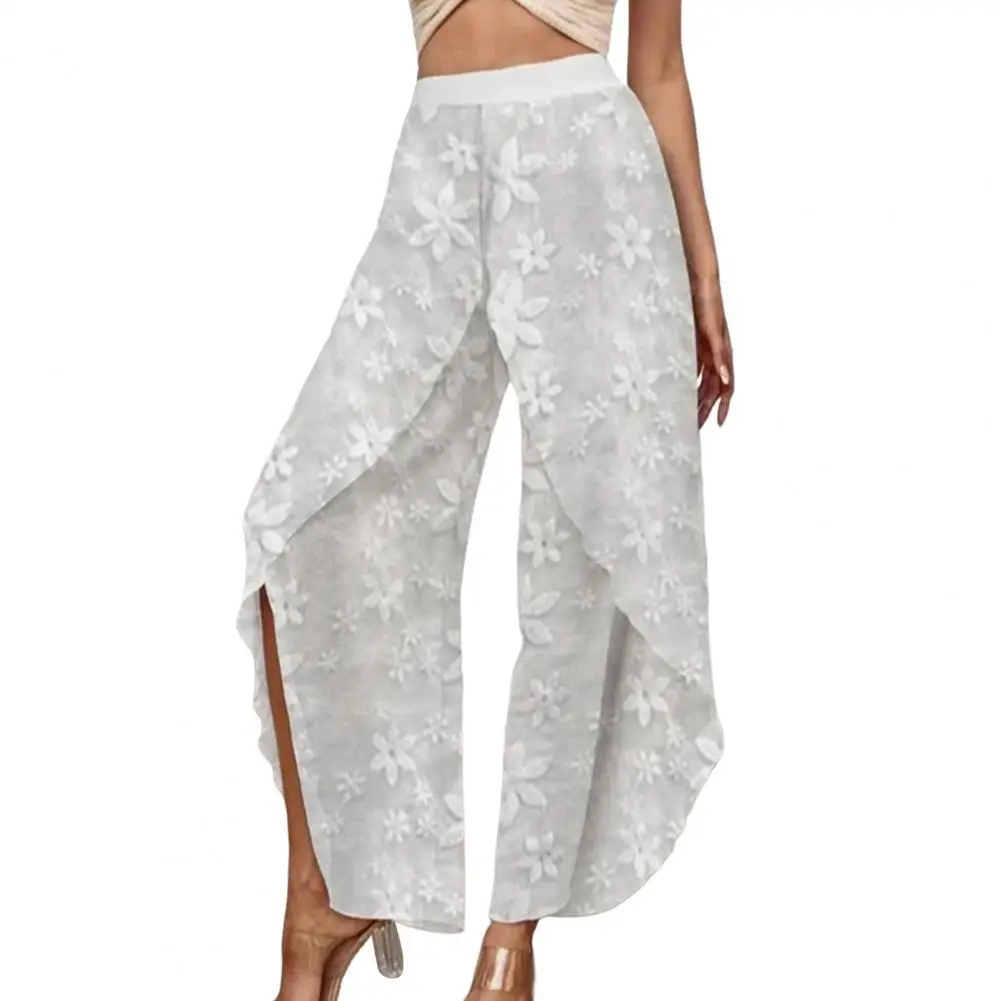 

Embroidery Crochet Flower Pattern Casual Pants Women High Waist Elastic Waistband Thin Irregular Split Wide Leg Baggy Pants