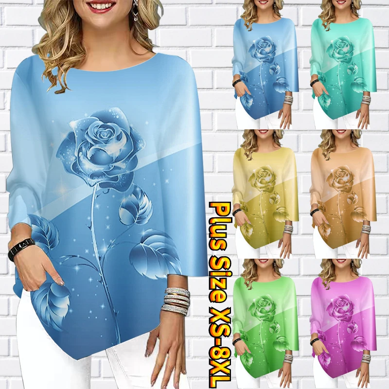 

2022 Summer Round Neck Three Quarter Sleeve Fashion Tops Loose T-shirt Floral Print Pullover Everyday Street Elegant Tee Shirt