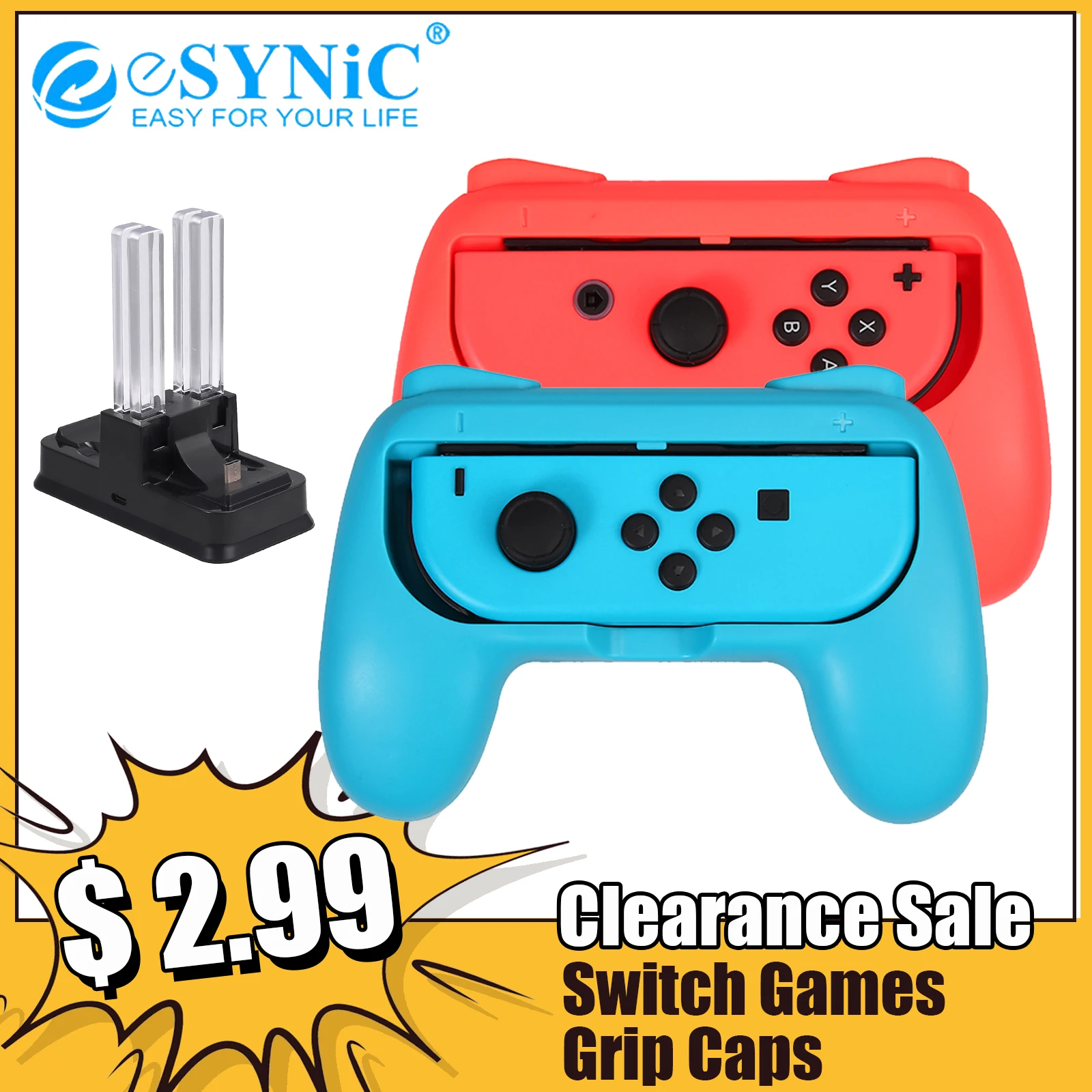 

eSYNiC For Nintendo Switch Games Grip Caps Controller Charger Accessories Kit Type C Charging Cable + Charging Dock + Grip
