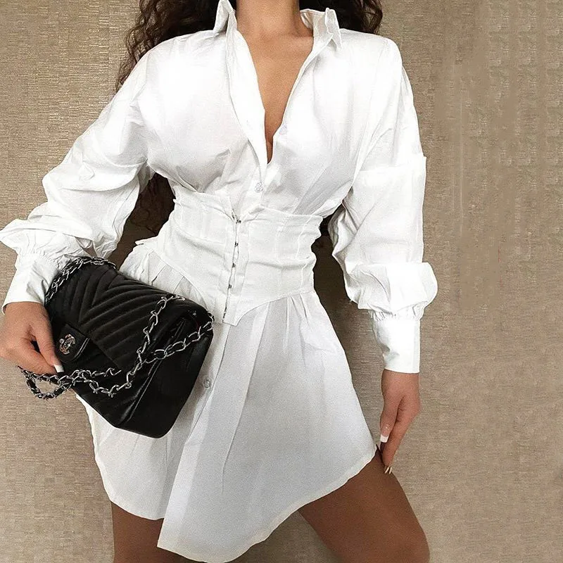 

2021 Autumn New Fashion Women's Sexy Shirt Solid Color Lapel Stitching Button Long-sleeved Irregular Pleated Dress Female Skirt