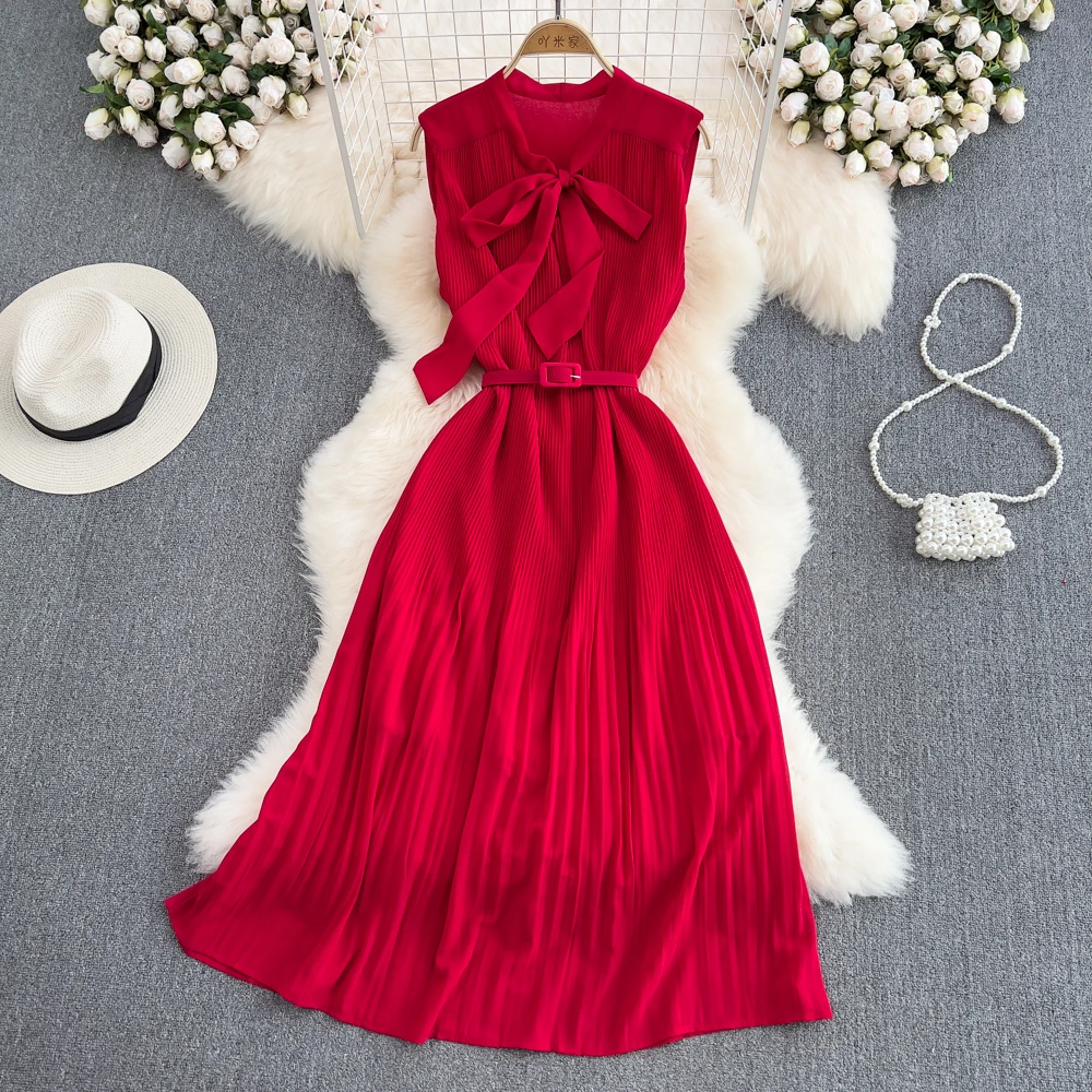 

2022 Fashionable Temperament Bow Tie Waist Slimming A-line Pleated Dress Seaside Holiday Big Swing Long Dress