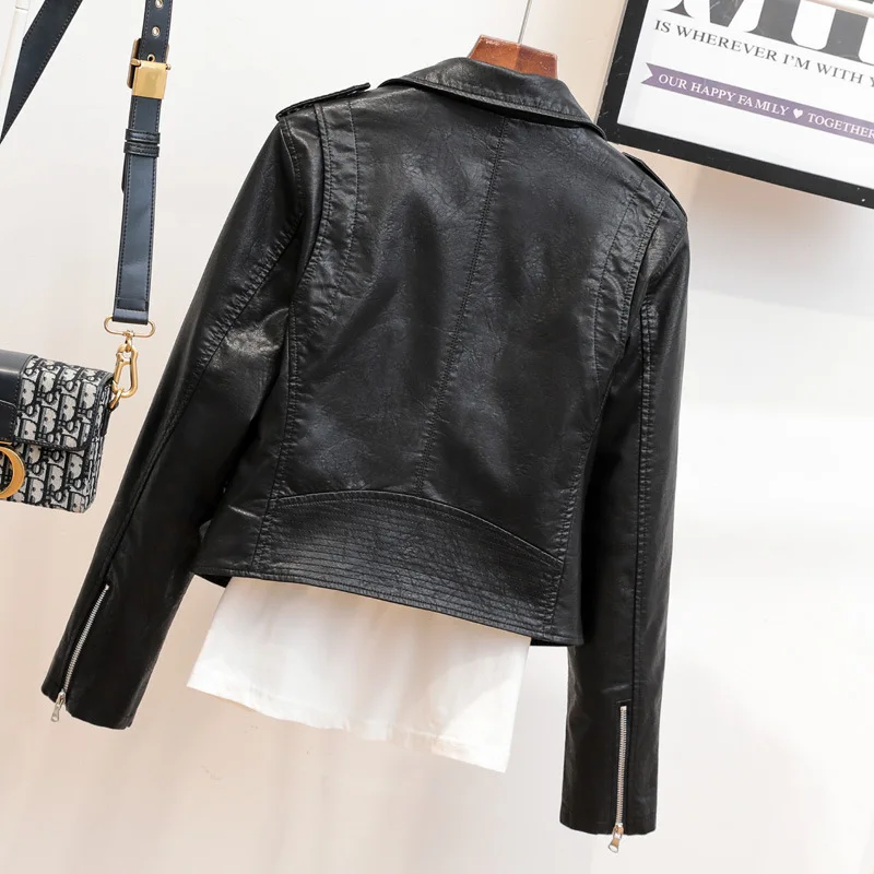 2023 autumn clothes new lapel short slimming Korean version of leather jacket epaulettes women's leather jacket