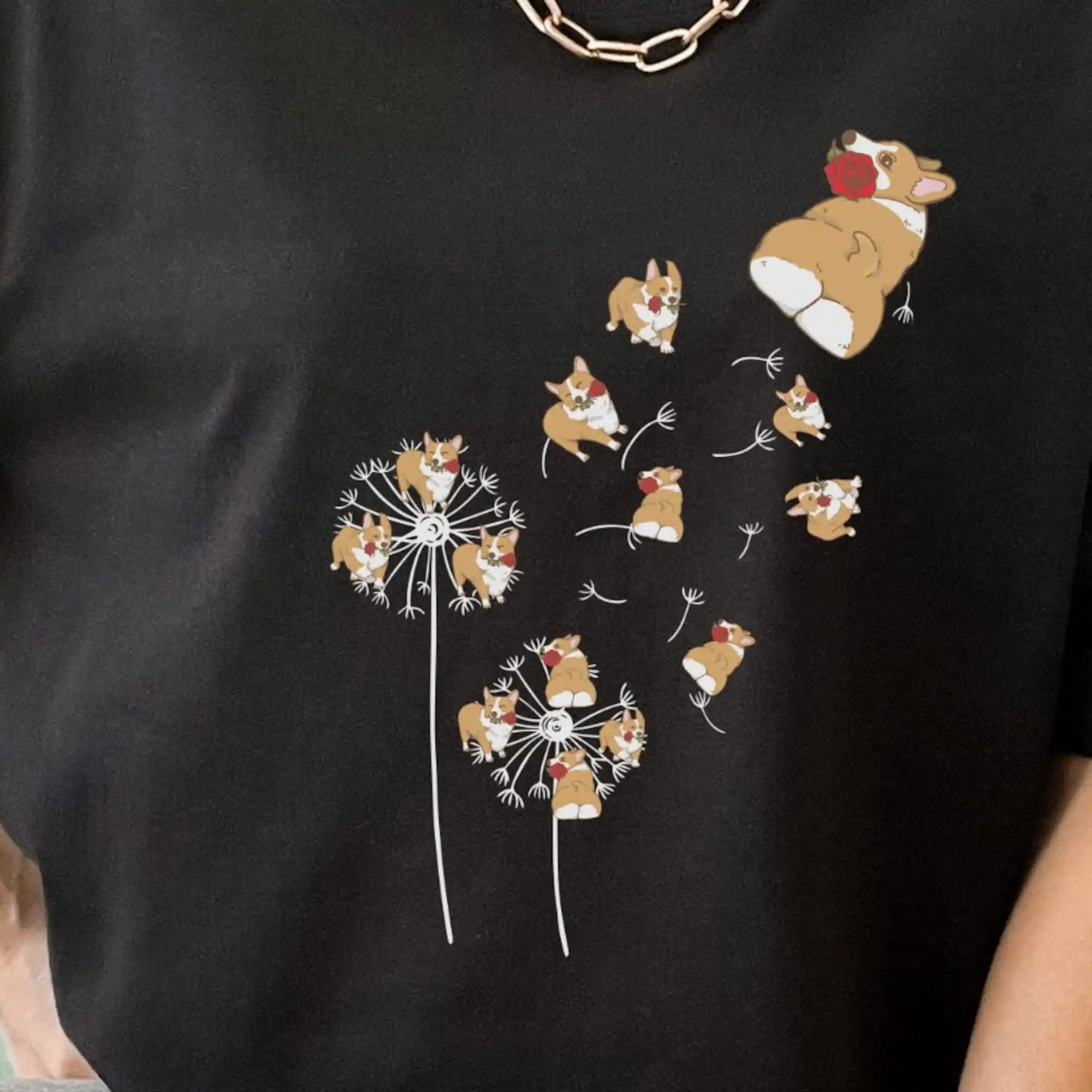 Одуванчик корги забавная футболка владелец подарок для фотографий