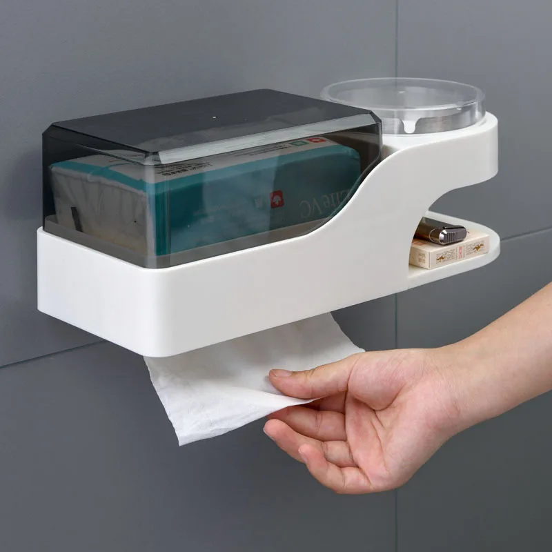

Toilet Paper Holder Bathroom Shelf Tissue Box Square Tissue Holder with Ashtray Wall Mounted Plastic Roll Paper Storage Box