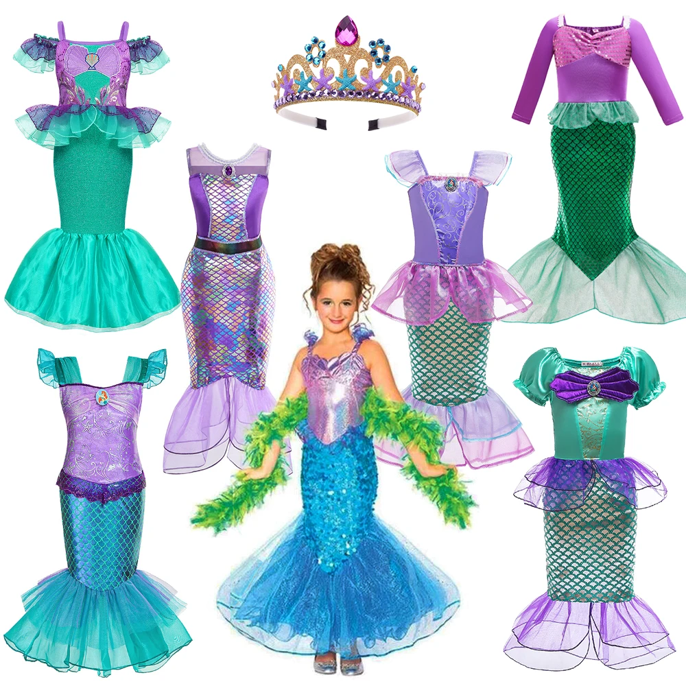 Halloween Child Little Mermaid Cosplay Costume Princess Ariel Dress Up Fancy Girls Christmas Party Shoulderless Ruffled Dresses