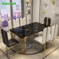 Luxury Dinner Tables Black White Marble Top Gold Stainless Steel Leg Dining Table Set 6 8 Seater Chairs