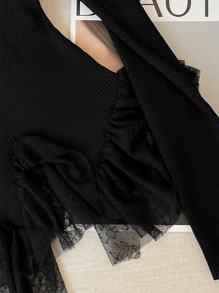 Женский винтажный пуловер с кружевной балеткой трикотажный свитер длинным