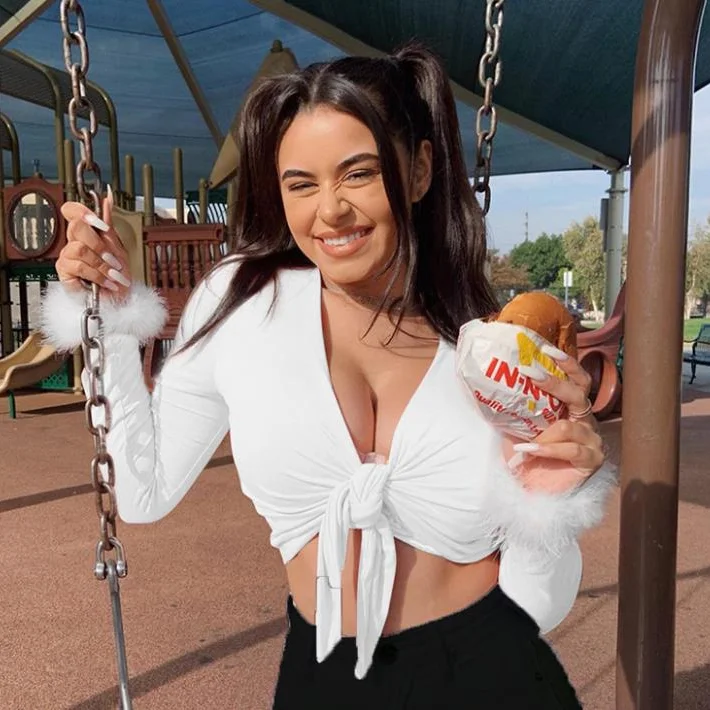 

Faux fur long-sleeved lace-up T-shirt ladies V-neck sexy T-shirt crop tops 2023 autumn and winter streetwear lace-up casual wear