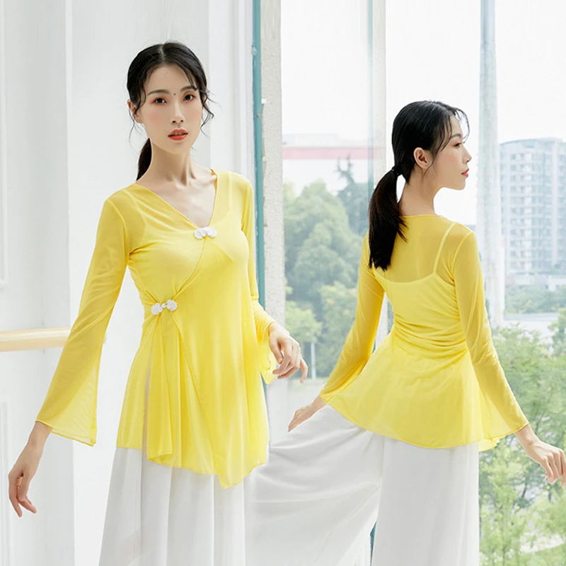 Классический танцевальный топ с разрезом боковой подол сетчатая рубашка