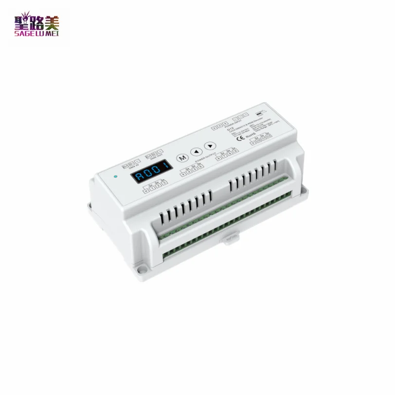 

DC12-24V 12 Channel Constant Voltage DMX512 & RDM Decoder 12CH,5A/CH MAX 60A Din Rail Two PWM frequency 12CH LED DMX Controller