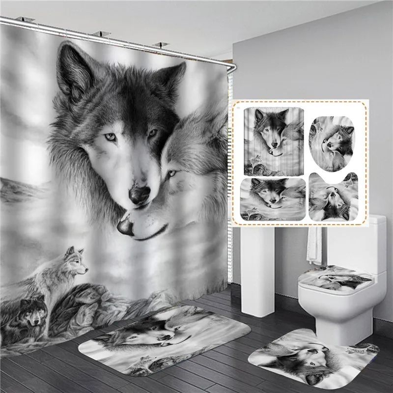 White Wolf Printed Shower Curtain Set Waterproof Bathroom Decor with Anti-slip Toilet Lid Cover Flannel Kitchen Mat Rug Doormat