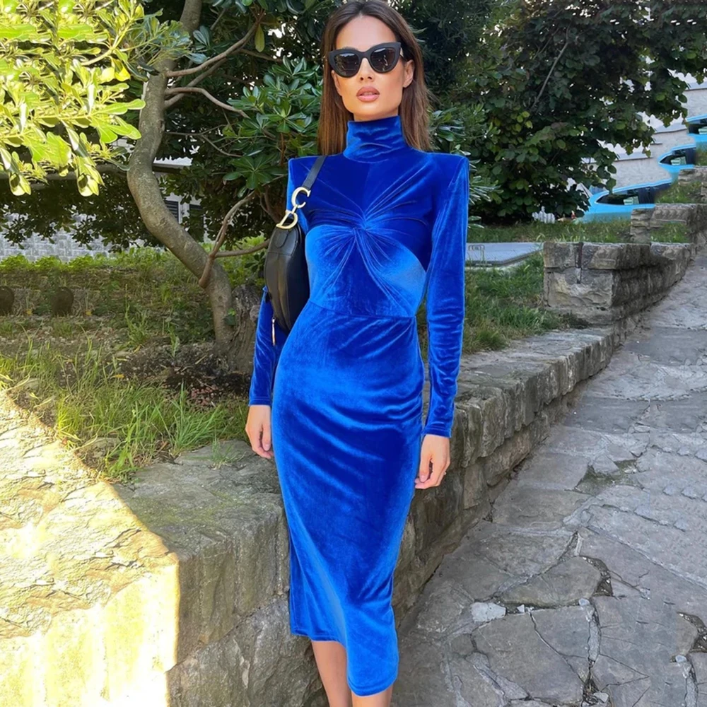 

20222 Summer New Women'S Fashion Sexy Blue Velvet Long Sleeves Turtleneck Cross Knot Midi Dress Bodycon Club Party Dress