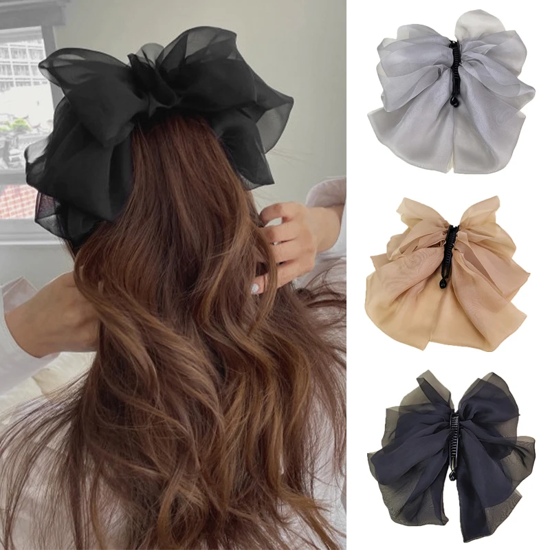 

temperament Bow Banana Clips Solid Color Mesh Vertical Clip Elegant Net Yarn Ponytail Claw Sweet Multi-layer Bow-knot Hairpins