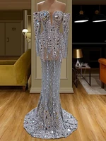 Luxury Silver Prom Dresses For Women Beaded Sequined V-Neck Long Sleeves Custom Made Latest Evening Party Gown Vestidos De Gala
