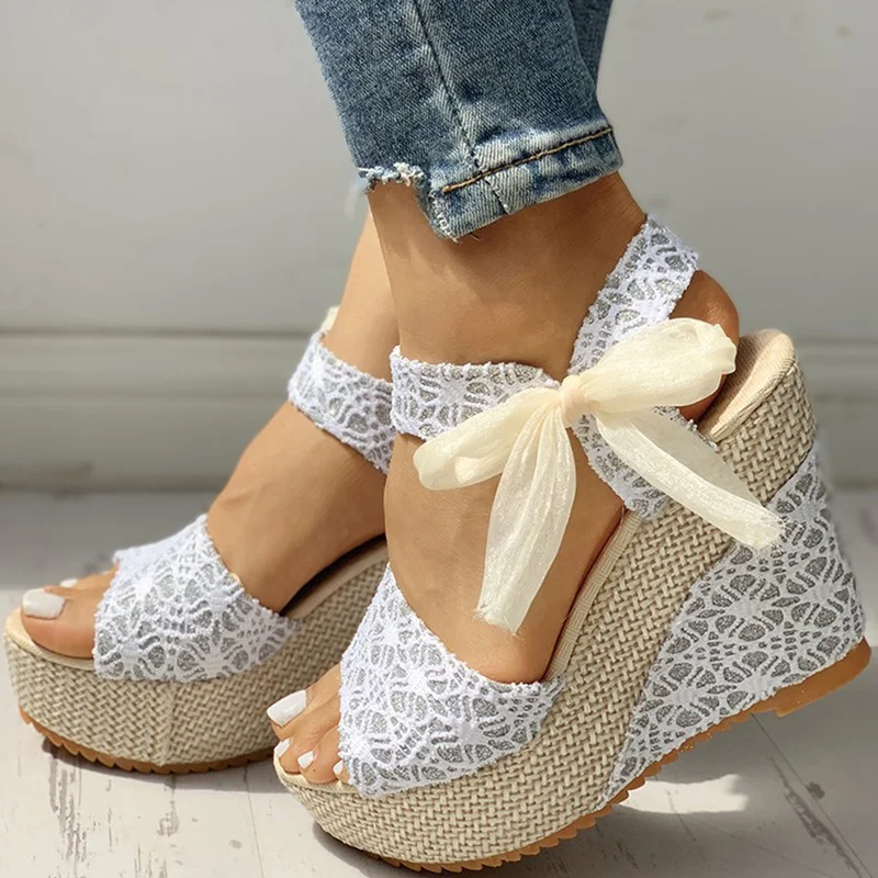

INS Hot Lace Leisure Women Wedges Heeled Women Shoes 2022 Summer Sandals Party Platform High Heels Shoes Woman 35-40