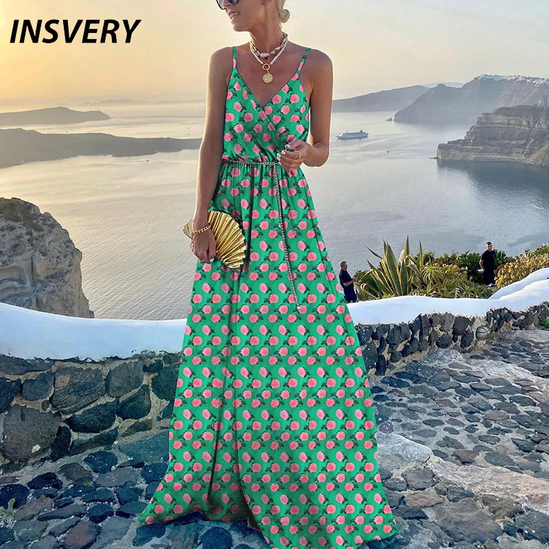 

Sexy Deep V Neck Long Dress Women Casual Vintage Print Maxi Dresses For Women Elegant Sleeveless Loose Beach Party Dress