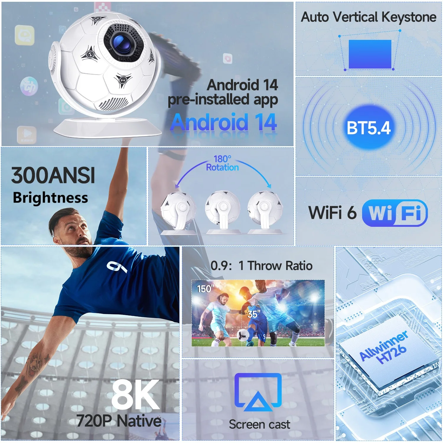 Фото Проектор Magcubic HY300F 8K, 300 ANSI люмен, домашний LED-проектор на Android 14 с Wi-Fi 6 и BT 5.4, футбольный дизайн для домашнего кинотеатра и улицы №2